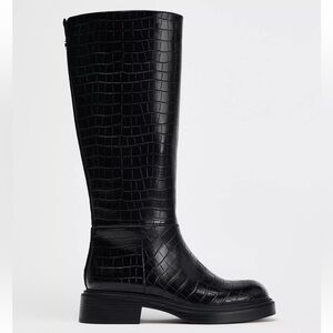 Zara Black Croc-Patterned Heeled Boots